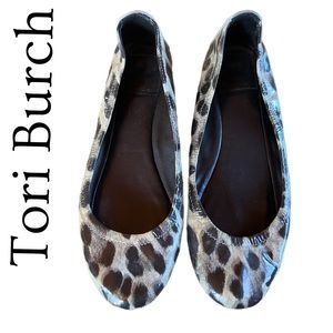 Tory Burch Leopard Print Pull-On Ballet Round Toe Flats Patent Leather